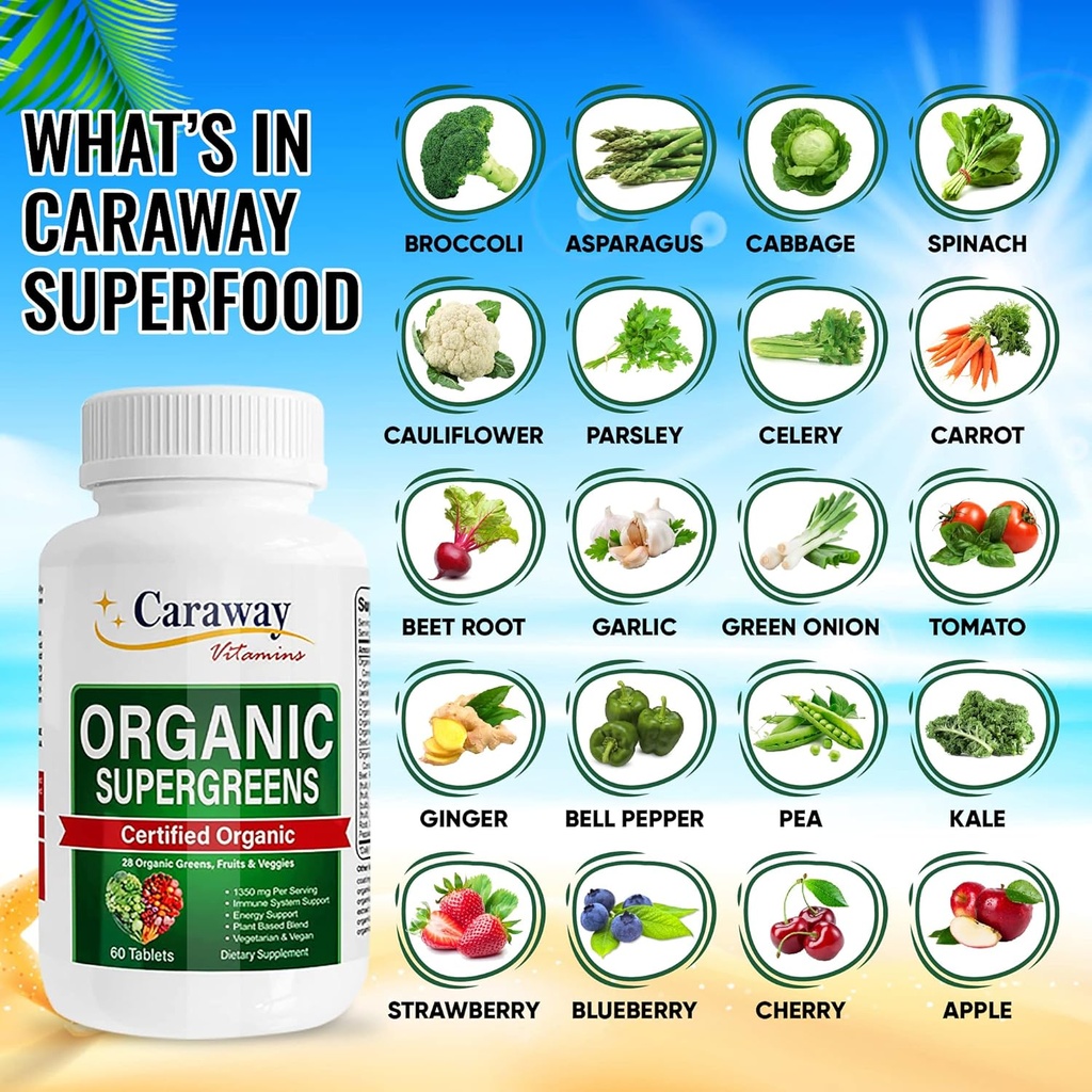 Organic Superfoods Vitamins Super Greens Complex by Caraway Vitamins 1,350 mg per Serving 28 Fruits Vegetables Greens 60 Count Tablets Non-GMO Natural for Men & Women 3