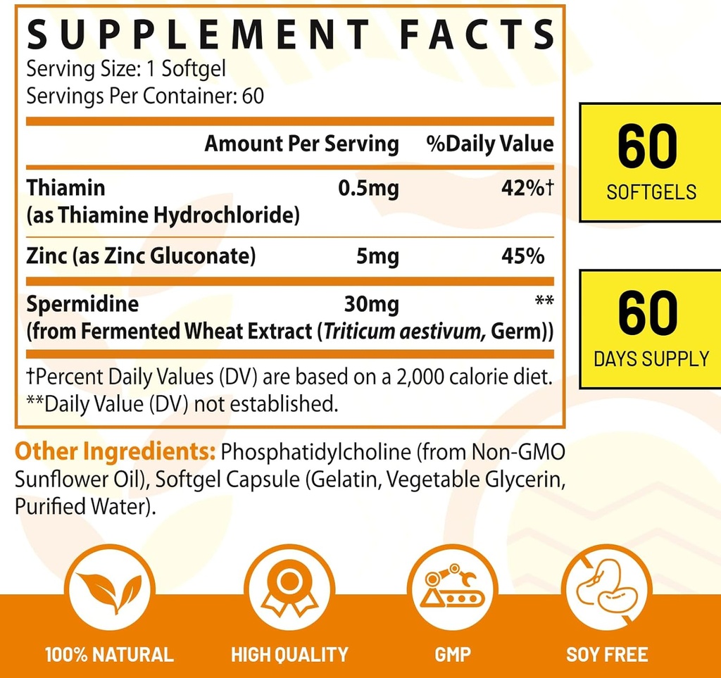 30mg Spermidine Supplement for Men & Women, High Absorption, More Potent Than Spermidine 3HCL - for Cellular Renewal, Longevity & Cognitive, Fermented Wheat Germ Extract, Pure & Natural, 180 Softgels 3