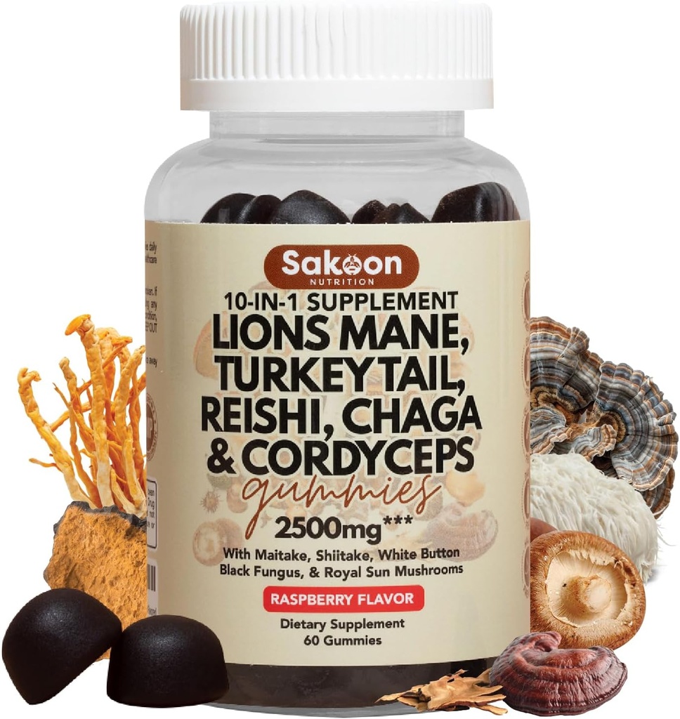 Sakoon nutrition Lions Mane Mushroom Gummies with Turkey Tail, Reishi & More, 2500mg, 60 Count, Raspberry Flavored 2