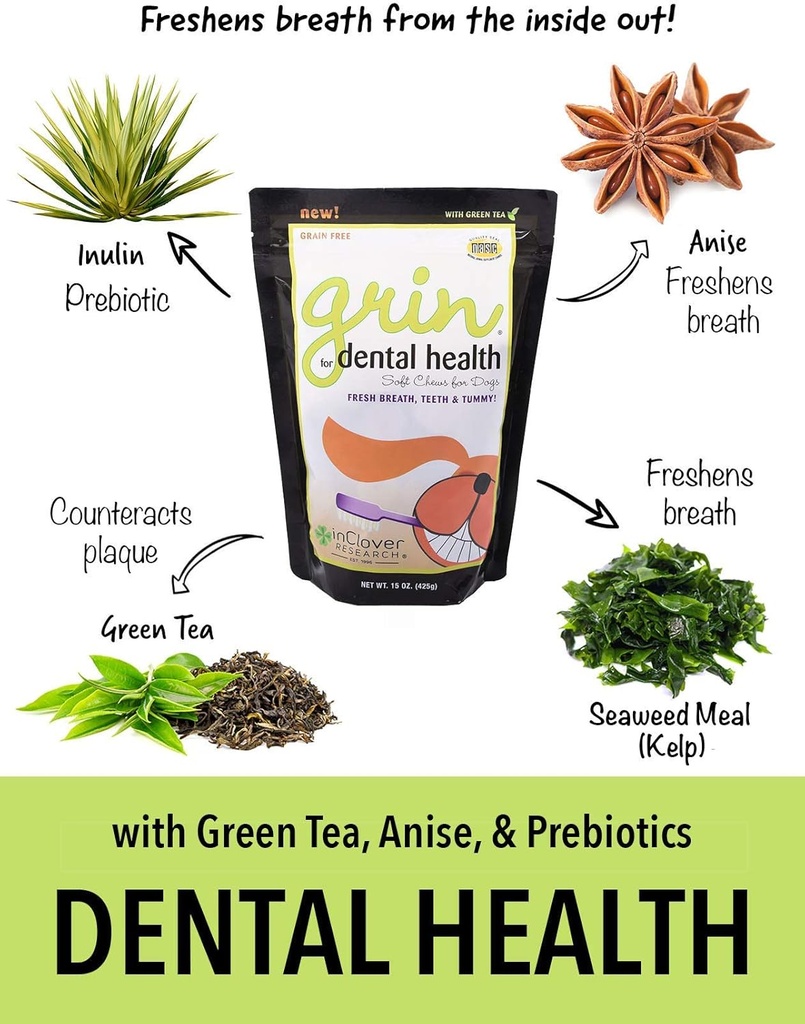 In Clover Natural Dental Treat, Grin, Fresh Breath Dog Chew Treat with Prebiotics, Fresh Breath Tartar Control, Daily Chew Supplement for Dogs Supports Dog Gums and Teeth 3