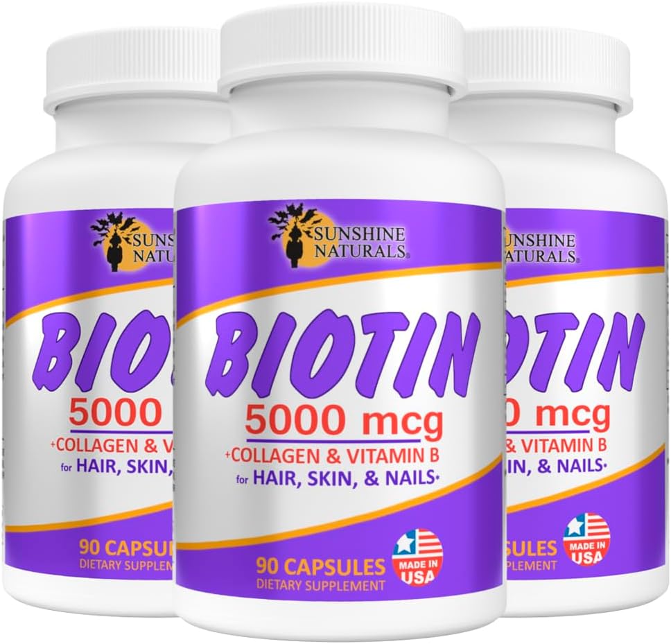 Sunshine Naturals Biotin Dietary Supplement. for Healthier Skin, Thicker Hair, Nail Growth. Collagen, Vitamin A, B for Hair Loss, Beauty, Cell Renewal, Scalp Health. 5000 mcg. 90 Capsules. Pack of 3 2