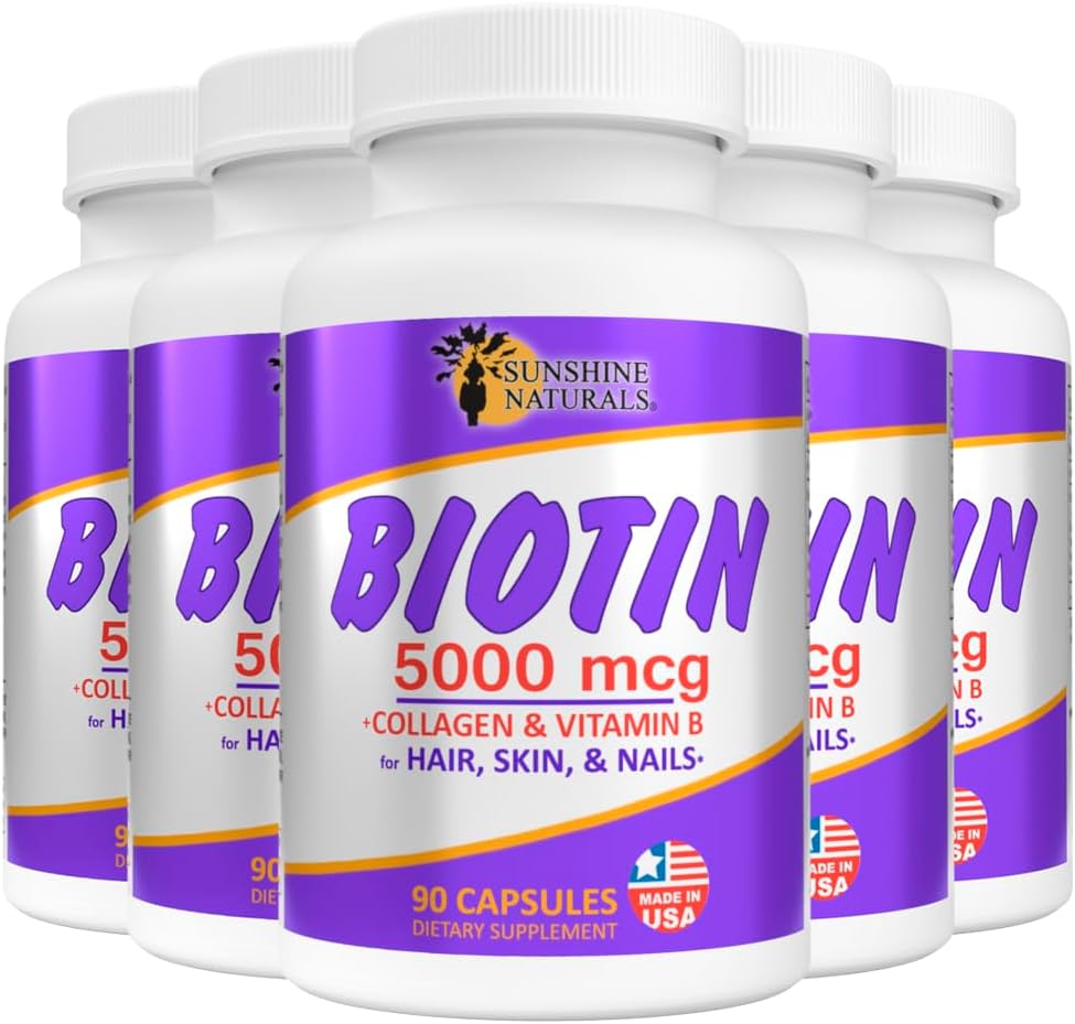 Sunshine Naturals Biotin Dietary Supplement. for Healthier Skin, Thicker Hair, Nail Growth. Collagen, Vitamin A, B for Hair Loss, Beauty, Cell Renewal, Scalp Health. 5000 mcg. 90 Capsules. Pack of 5 2