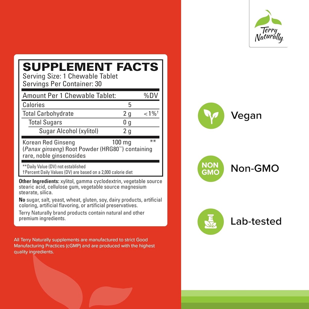 Terry Naturally HRG80 Red Ginseng Energy - Support Healthy Energy & Focus - Herbal Supplement with Korean Red Ginseng Root Powder - Vegan Tablets to Aid Healthy Endurance - 30 Chewable Tablets 3