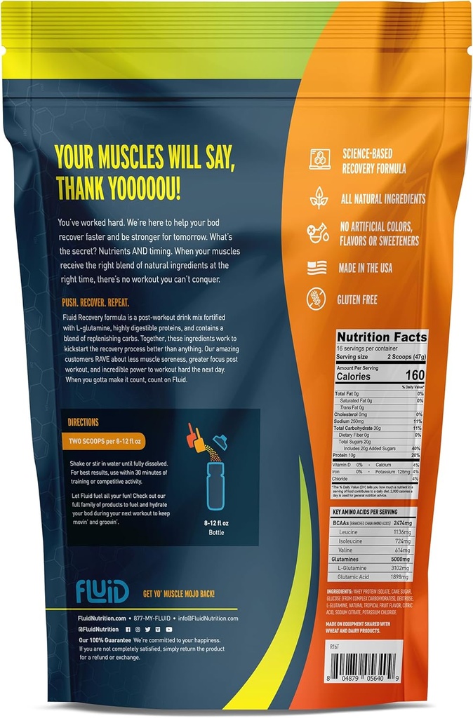 Fluid Recovery, Post-Workout Drink Mix, Whey Isolate Protein, L-Glutamine, Carbs, All Natural Ingredients, Gluten-Free, Lactose-Free (Tropical Fruit) 3
