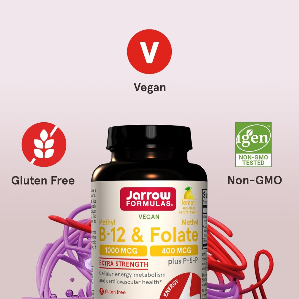 Jarrow Formulas Methyl B-12 1000MCG & Methyl Folate 400MCG,Extra Strength,Cellular Energy Metabolism & Cardiovascular Health Formula(1) With P-5-P,100Chewable Tabs,Up to a 100 Day Suppl,12Packs 6