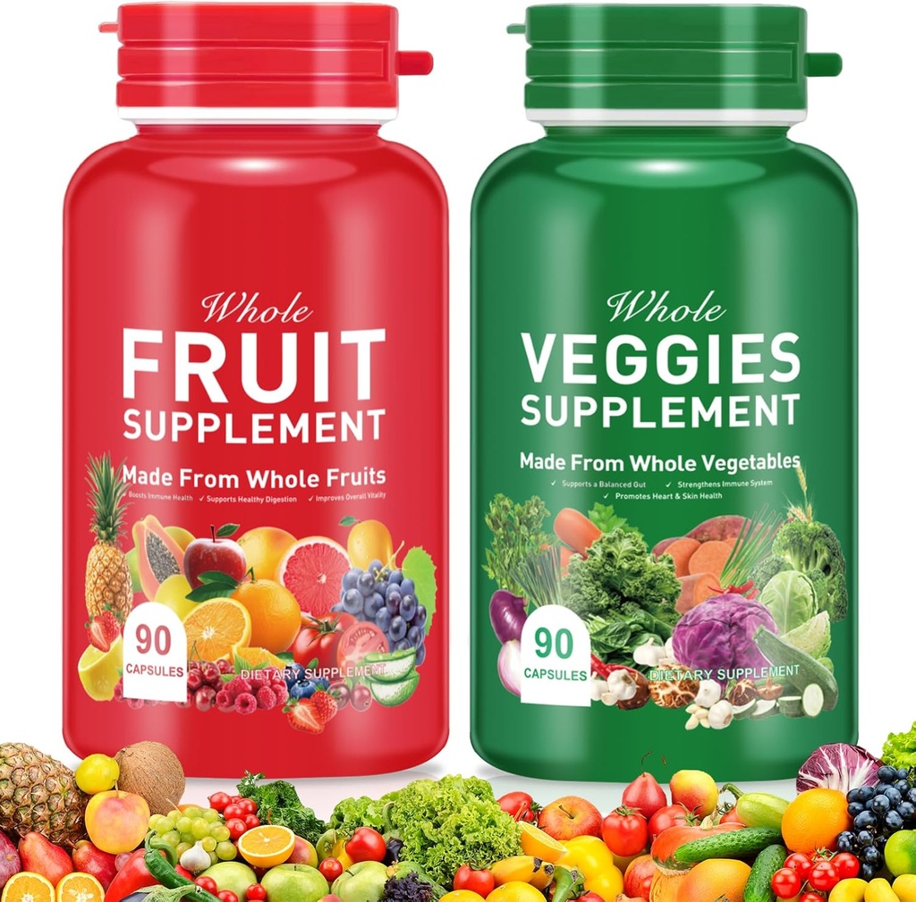 Fruit and Veggies Supplement Ingredients Natural – 90 Fruit and 90 Veggie Capsules - Fresh Superfood Formula with Vitamins and Minerals, Supports Energy Levels 2