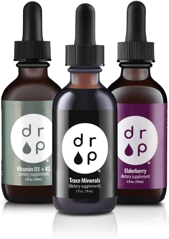 Drop Supplements Organic Trace Mineral Drops, Elderberry Drops and Vitamin D3+K2 Drops Bundle 2