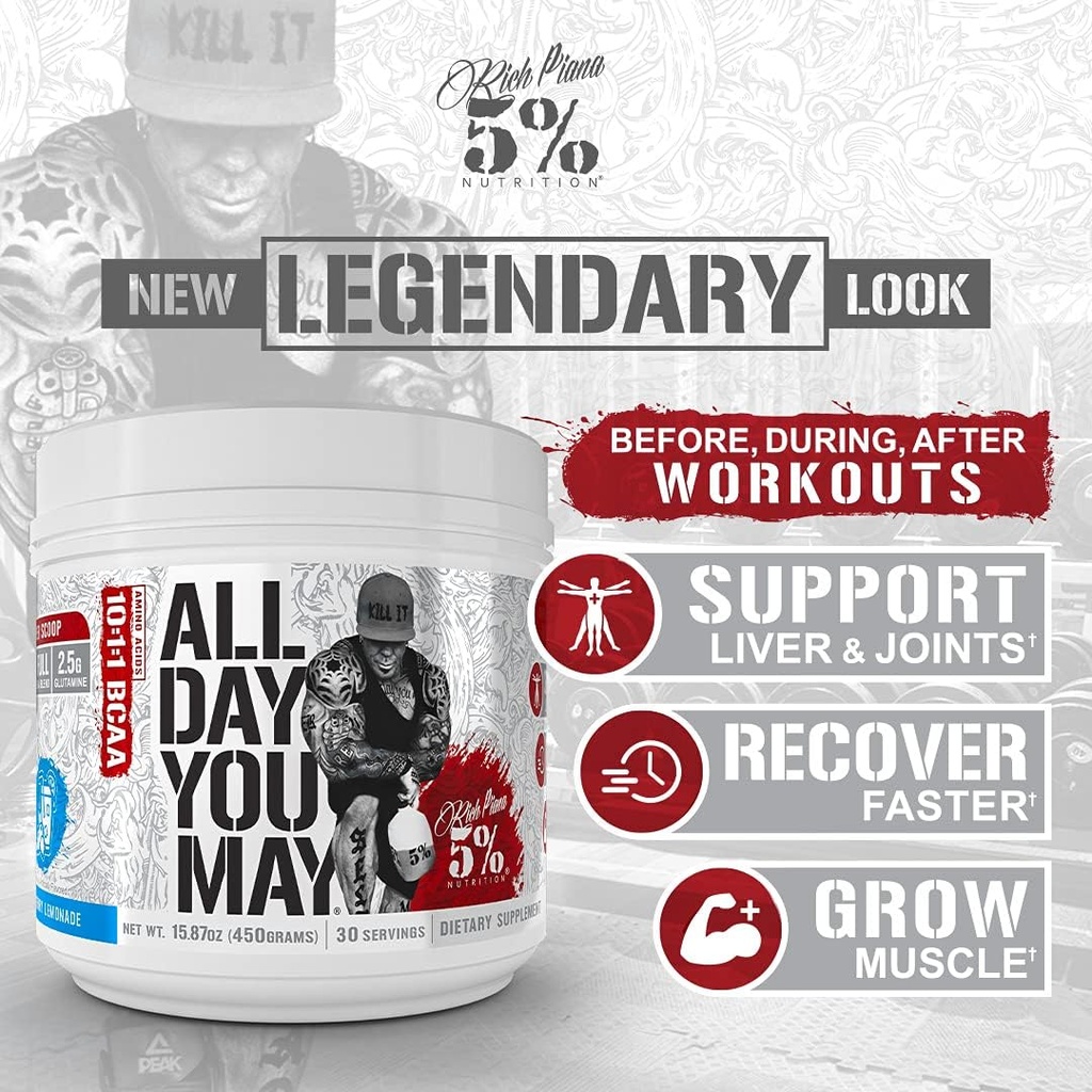 5% Nutrition Rich Piana Bundle | AllDayYouMay BCAA Powder + Kill It Reloaded High-Stim Pre-Workout (Fruit Punch) 4