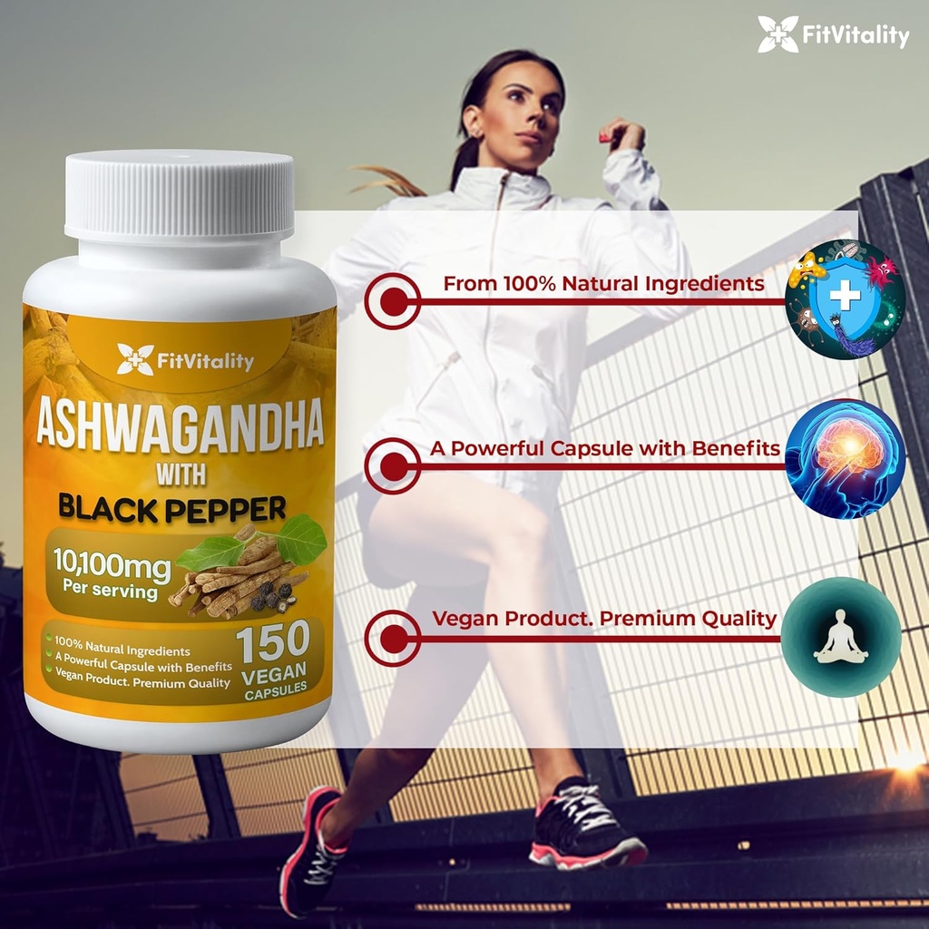 Ashwagandha Capsules, 150 Vegan Capsules, 10,100 Mg per Capsule – 100% Natural Ashwagandha Root Extract Powder and Black Pepper Extract, Non-GMO, Gluten-Free 5