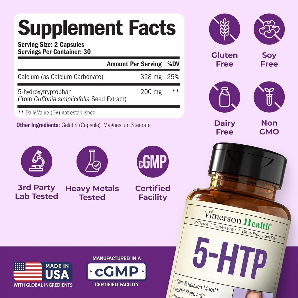 5HTP Serotonin Supplements for Women & Men. Sleep Aid & Occasional Stress Support - 5 HTP Plus Supplement 200 mg with Calcium for Sleep, Calm Mood, & Neurotransmitter Support. 60 Capsules made in USA 4