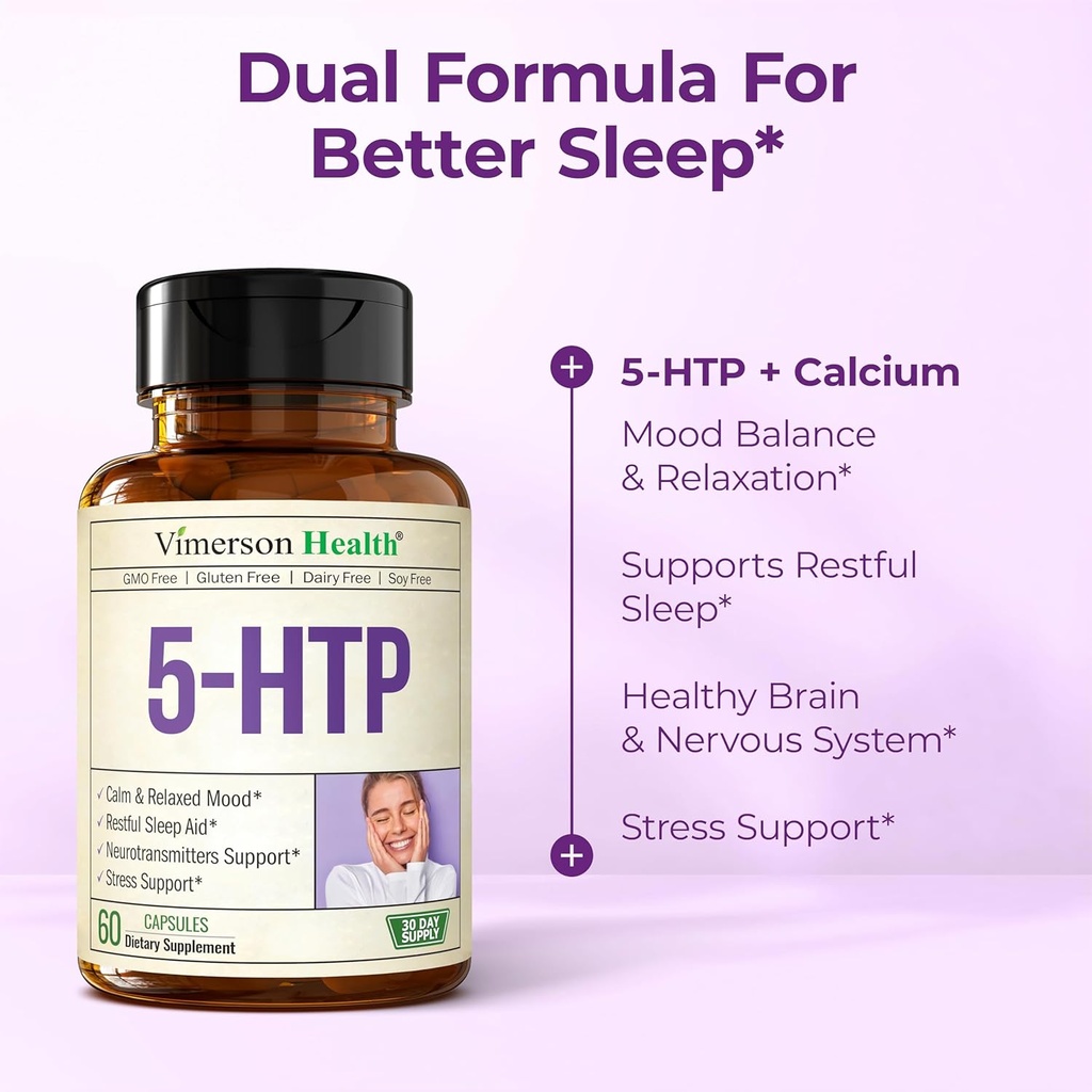 5HTP Serotonin Supplements for Women & Men. Sleep Aid & Occasional Stress Support - 5 HTP Plus Supplement 200 mg with Calcium for Sleep, Calm Mood, & Neurotransmitter Support. 60 Capsules made in USA 6