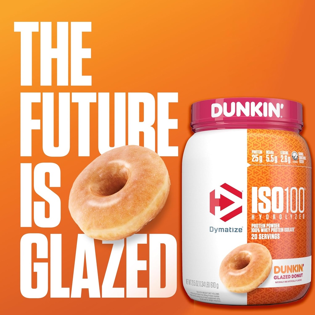 Dymatize x Dunkin' Glazed Donut ISO100 Whey Protein Powder, 25g of Protein, 5.5g BCAAs, 120 Cal., Gluten Free, 1g Fat, 1g Sugar, 2g Carb (20 Servings) 3