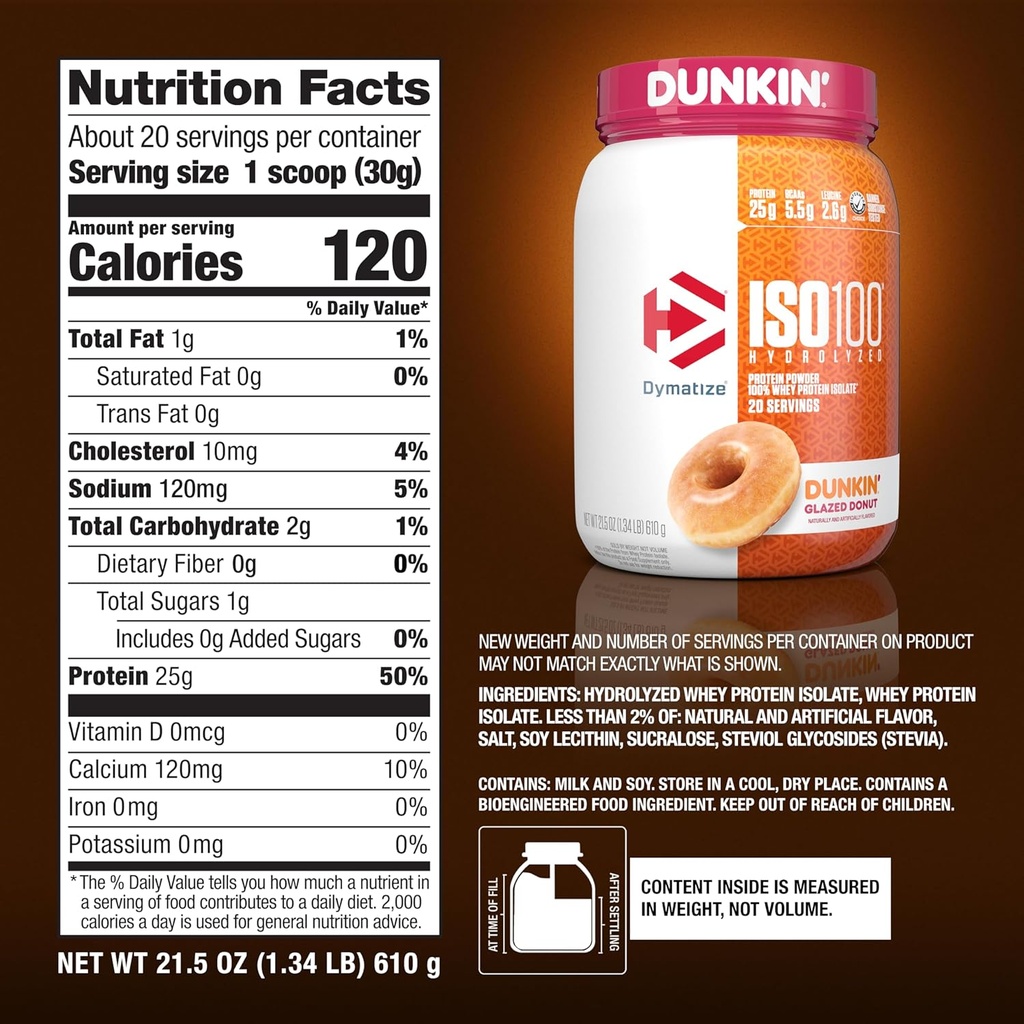 Dymatize x Dunkin' Glazed Donut ISO100 Whey Protein Powder, 25g of Protein, 5.5g BCAAs, 120 Cal., Gluten Free, 1g Fat, 1g Sugar, 2g Carb (20 Servings) 6