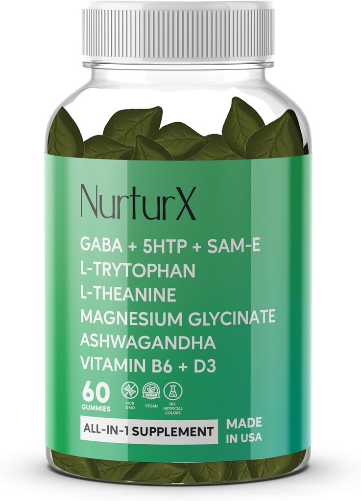 GABA + 5-HTP + SAM-e, L-Tryptophan, L-Theanine, Ashwagandha Gummies, All-in-One Natural Supplement, Made in USA, Vegan, 60 Gummies 2