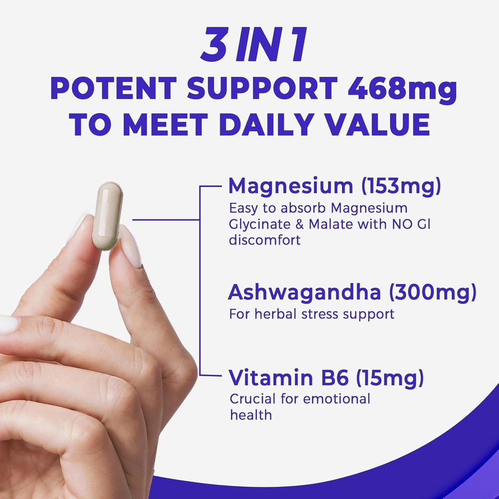 Divinity Nutra Magnesium Ashwagandha Supplement, Calming Magnesium Glycinate & Malate Vitamin B6 for Muscles Bone Health Support Muscle Recovery, Calm & Relaxation 468mg 120 ct (2 Month Supply) 4