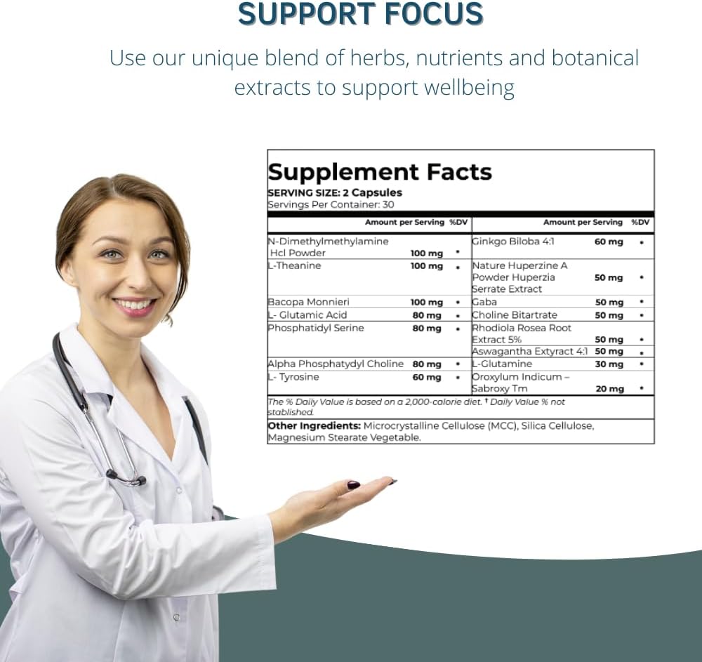 Neural-L Natural Brain Support Supplement 60 Caps - Mental Support – Memory Booster - Concentration - Natural Formula - Ashwagandha - L-Tyrosine - L-Theanine 5