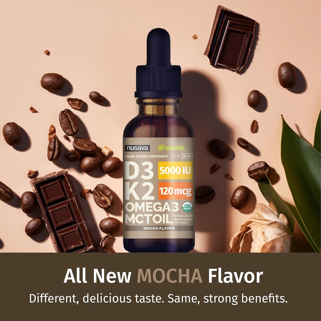 (2 Pack) Organic Vitamin D3 K2 Drops with MCT Oil Omega 3, 5000 IU, Maximum Strength Vitamin D Liquid, No Fillers, Non-GMO Liquid D3 for Faster Absorption and Immune Support (Mocha, 2 Fl Oz) 3