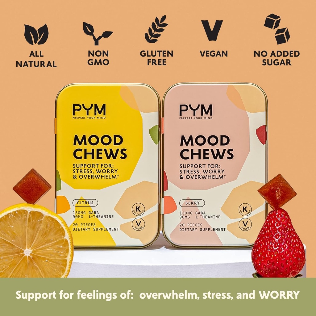 PYM Citrus Mood Chews Support for Stress, Worry & Overwhelm, 120 Count | 130mg GABA, 90mg L-Theanine | Vegan, Non-GMO, Gluten-Free, No Added Sugar | All-Natural Mood Balance Supplement Made in USA 4