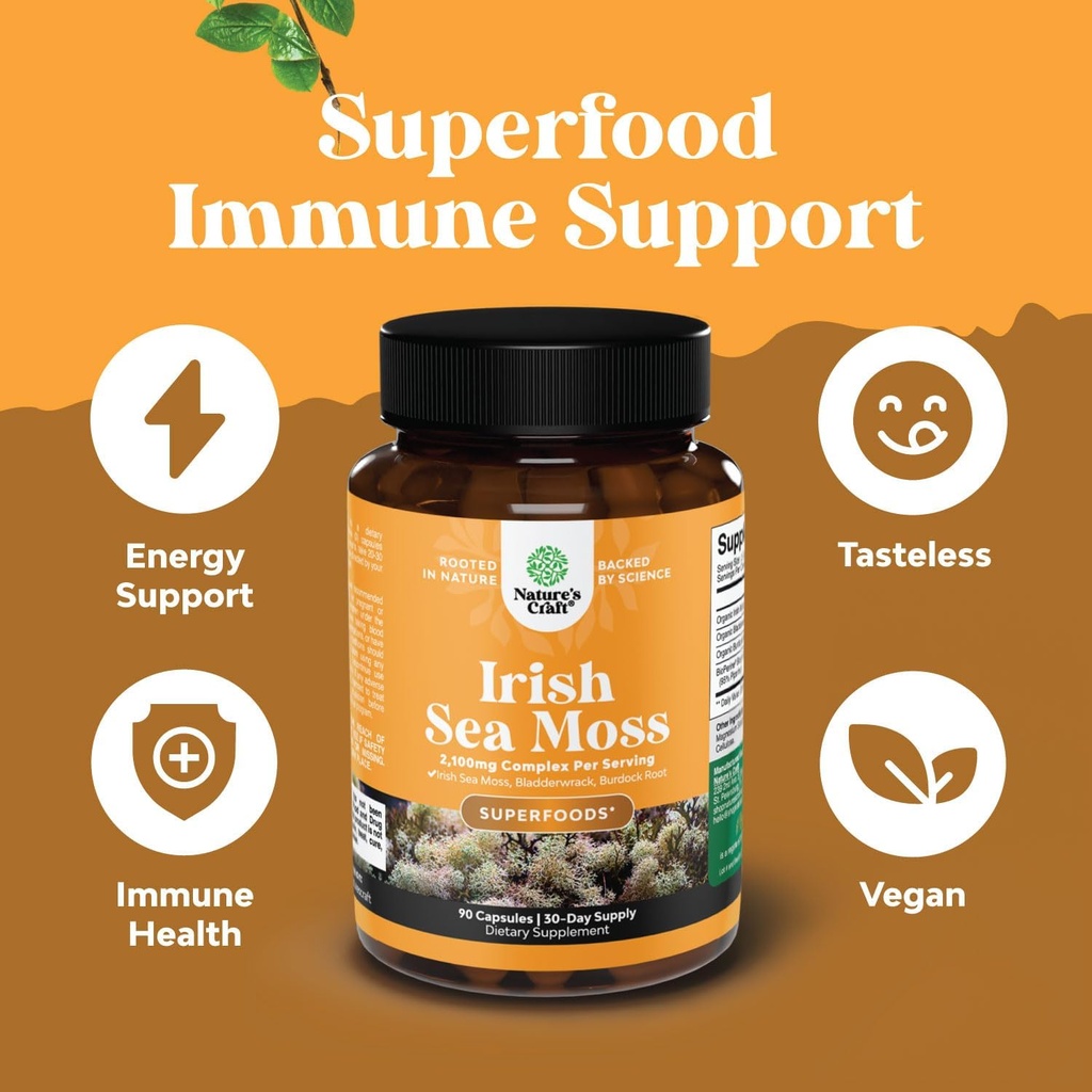 Bundle of Pure SAM-E Nootropic Brain Supplement and Organic Irish Sea Moss Capsules -Immune Support and Mood Support Supplement - Sea Moss and Bladderwrack Capsules with Burdock Root Superfood Blend 6