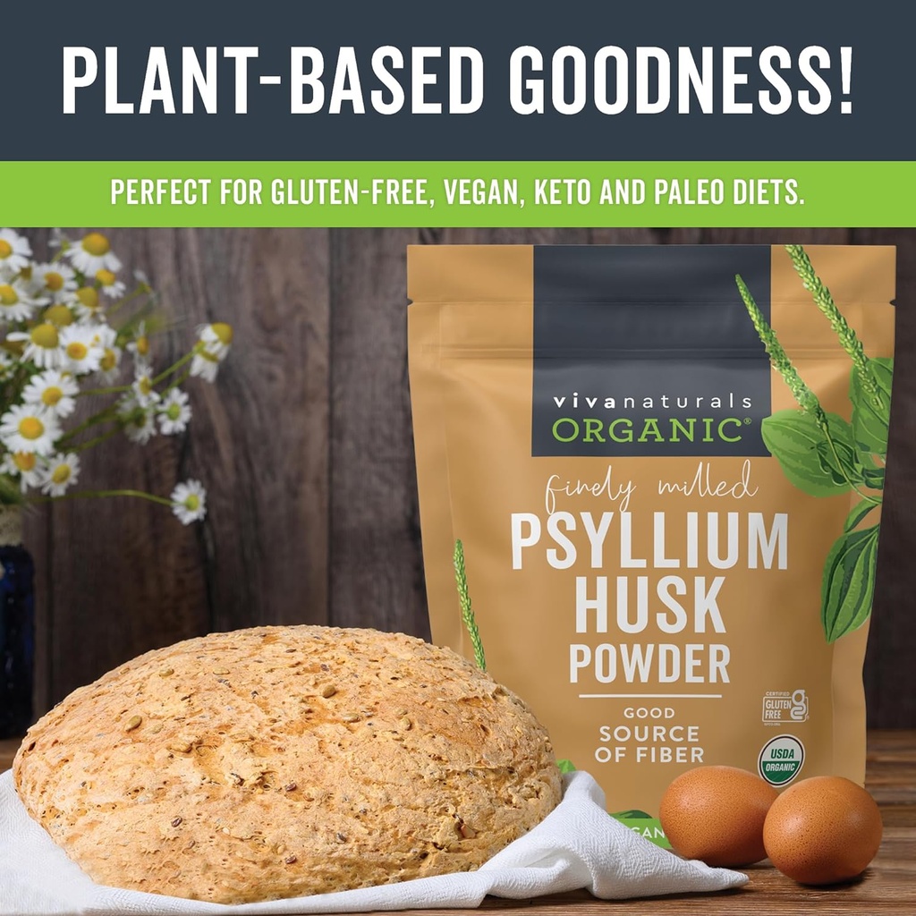 Viva Naturals Organic Psyllium Husk Powder, 24 oz - Finely Ground, Unflavored Plant Based Superfood - Good Source of Fiber for Gluten-Free Baking, Juices & Smoothies - Certified Vegan, Keto and Paleo 4