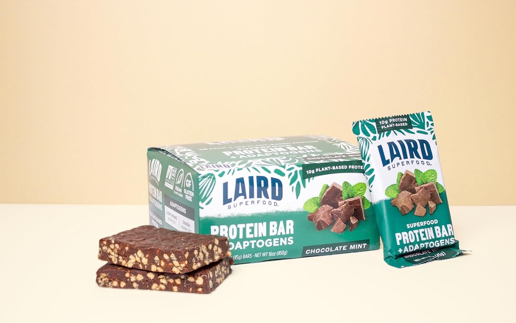 Laird Superfood Functional Protein Bars – Protein Bar but Better with Real Ingredients, Functional Mushrooms 10g Plant-Based Protein, 6g Fiber - Non-GMO - Mint Chocolate, 10 Count (Pack of 1) 5