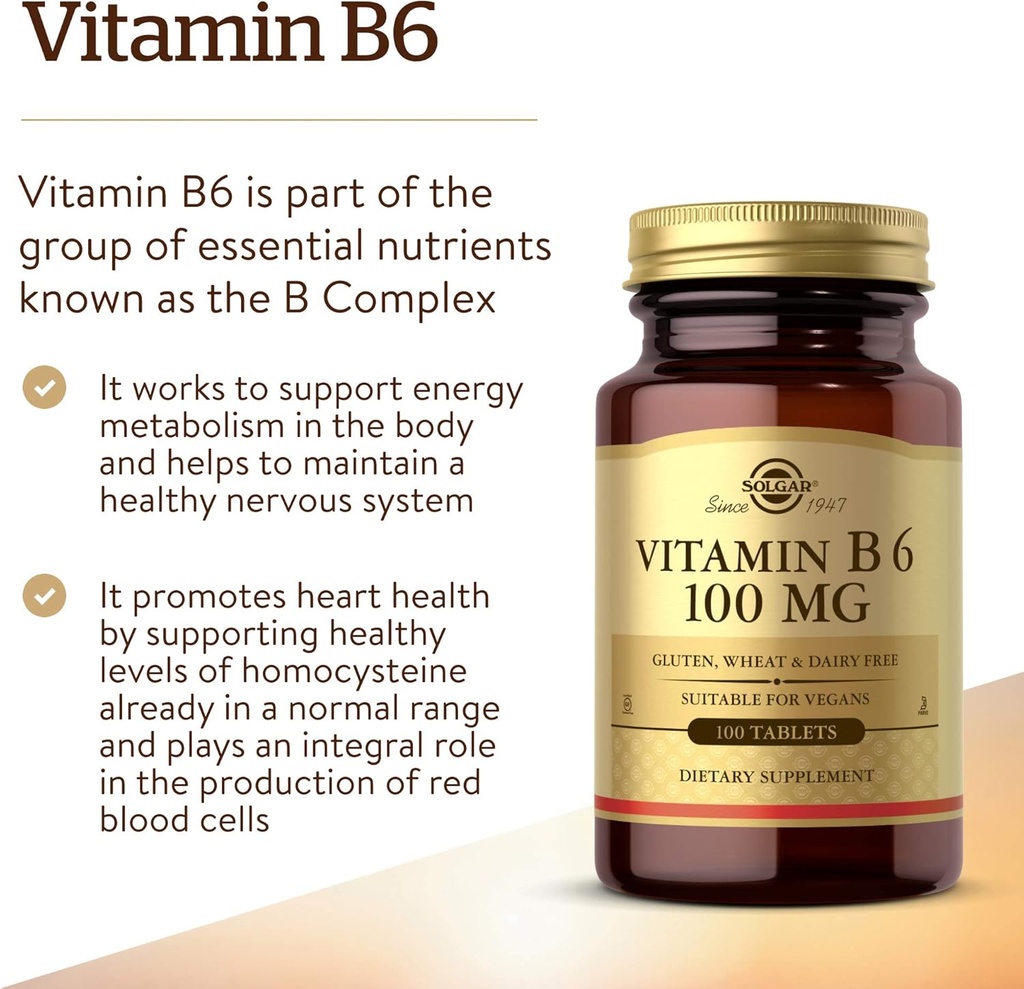 Solgar Vitamin B6 100 mg, 100 Tablets - Supports Energy Metabolism, Heart Health & Healthy Nervous System - B Complex Supplement - Vegan, Gluten Free, Dairy Free, Kosher - 100 Servings 4