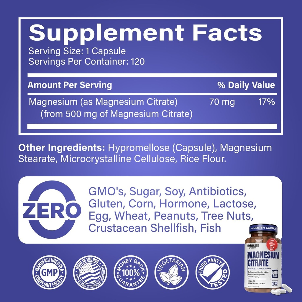 Premium Magnesium Citrate 500mg Capsules (Citrato de Magnesio) High Absorption Formula Chelated Buffered Citrate to Support Digestion, Bone, Sleep & Muscle Health - 120 Capsules 4
