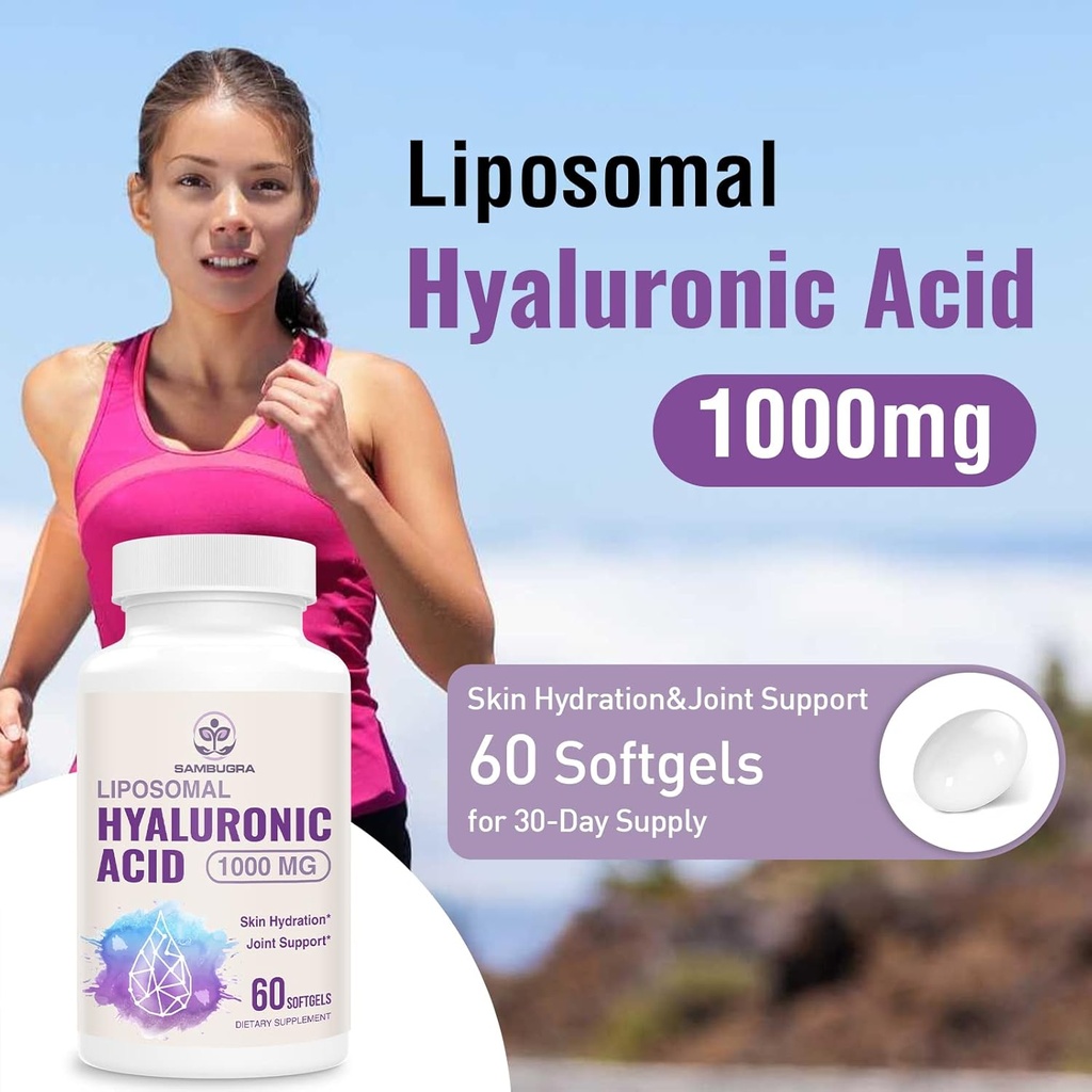 Liposomal Hyaluronic Acid 1000mg, High BioavailabilityHyaluronic Acid Capsules, Dietary Supplement Support Skin and Bones, 180 Capsules (Pack of 3) 3