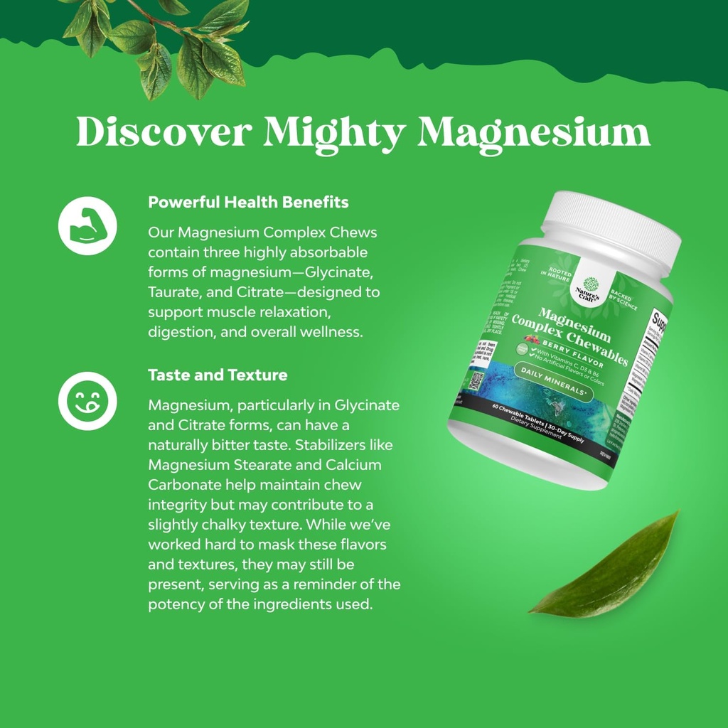 Sugar Free Magnesium Glycinate Chewable - Chewable Magnesium for Adults & Kids with Glycinate Taurate & Citrate Complex Plus Vitamins D3 B6 & C - Vegetarian Non-GMO & No Artificial Flavors (90 Day) 5