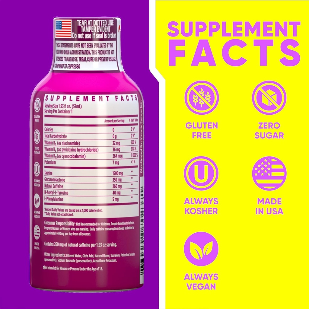 Vitamin Energy B12 11,000% Extra Strength Energy Shot Pink Berry 48 Pack, 260mg Natural Caffeine, B12 & B6, Nootropic Focus, Vitality, Zero Sugar, Gluten-Free, Vegan, Kosher, 1.93 fl oz 3