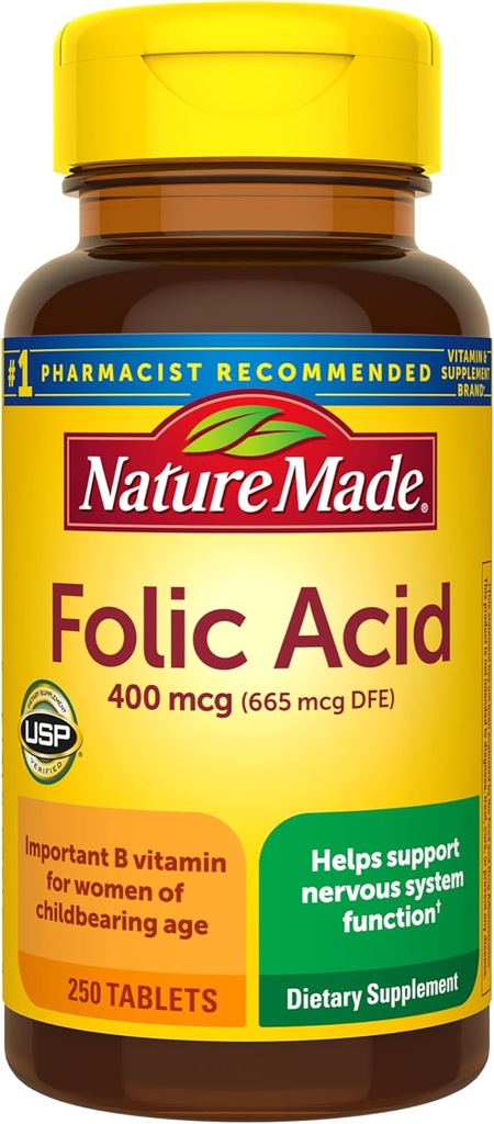 Nature Made Folic Acid 400 mcg (665 mcg DFE) Tablets, 250 Count (Pack of 3) 3