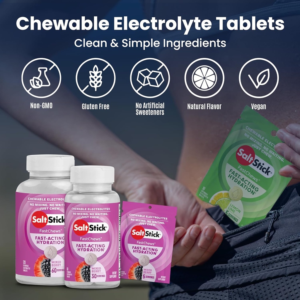 SaltStick Electrolyte FastChews - 120 Count Mixed Berry Flavor - Electrolyte Tablets for Hydration, Salt Tabs - 10 Count (Pack of 12) 5