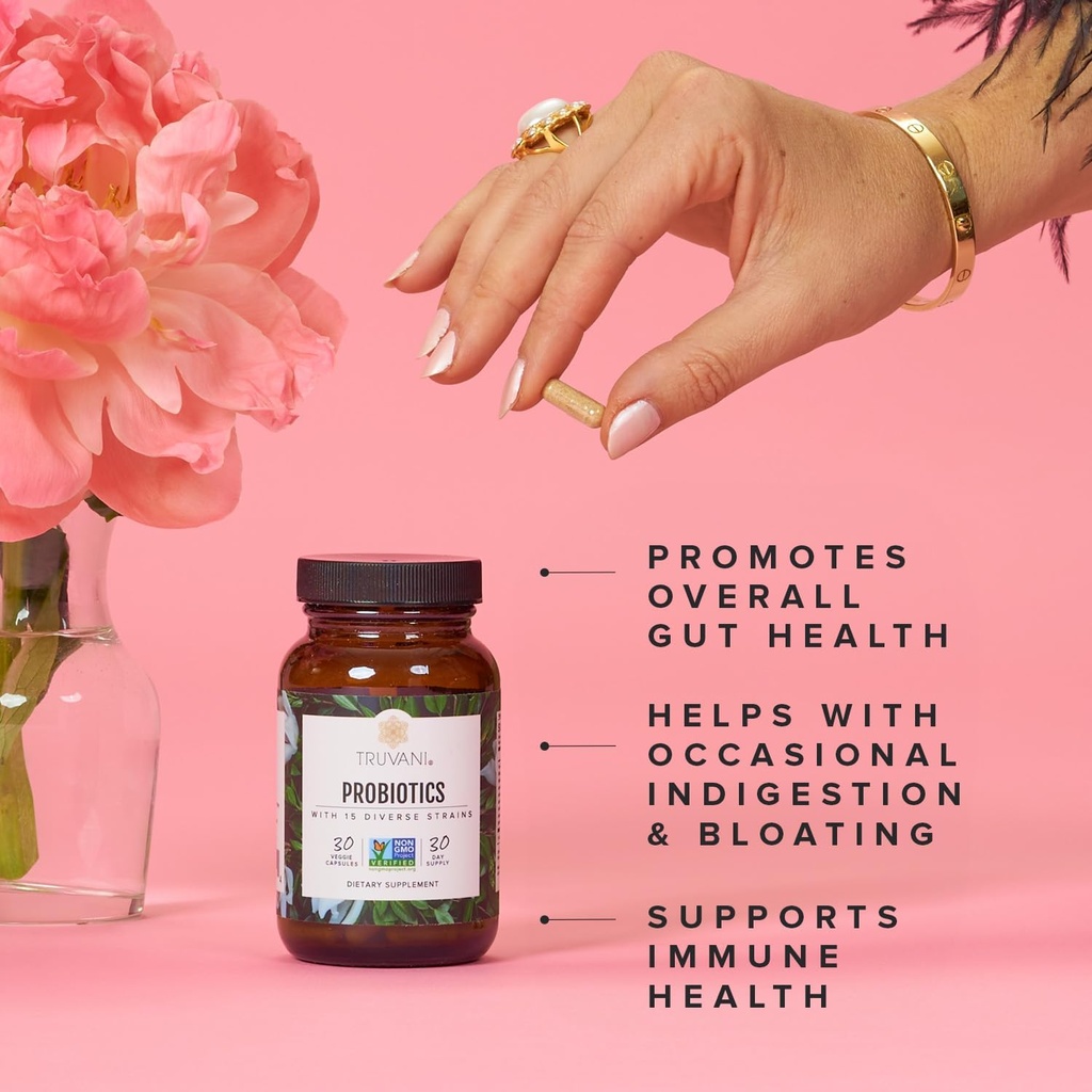 Truvani Probiotic Supplement | 30 Servings | 15 Billion CFU | 15 Diverse Strains for Digestive, Immune & Brain Health Support | Shelf-Stable Vegan Capsules | Non-GMO, No Fillers 4
