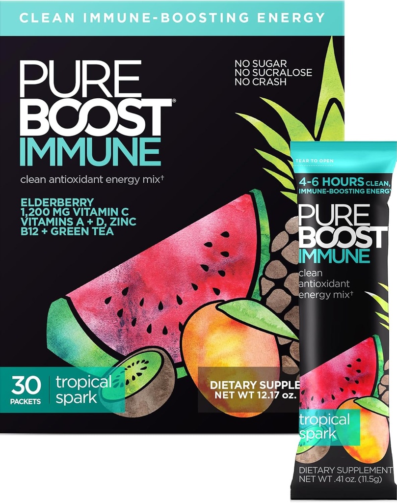 Pureboost Immune Clean Energy Booster, Refreshing Energy Drink Mix and Immunity Supplement with Elderberry, 1,200 mg Vitamin C, Vitamins A + D, and Zinc. (Tropical Spark, 30 Count) 2