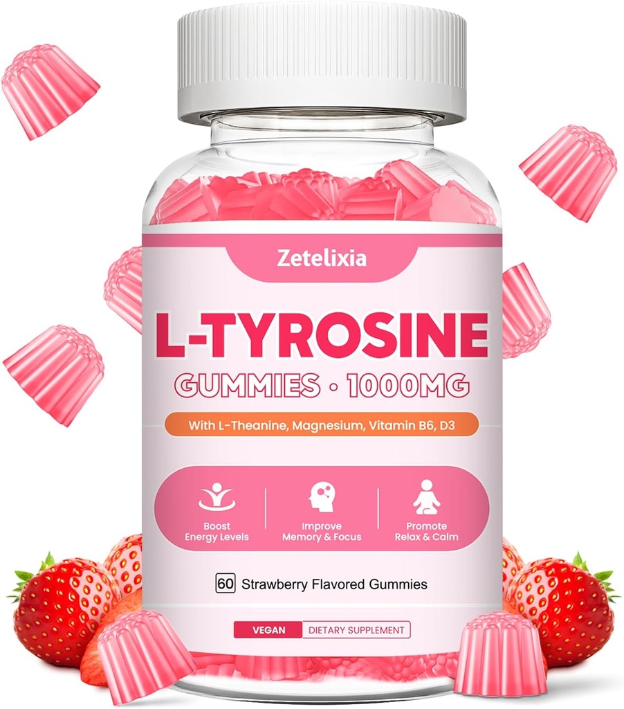L Tyrosine Gummies, L-Tyrosine Supplement Gummies, L-Theanine Gummies with Vitamin B6 D3, Focus Gummies Support Brain, Memory, Energy, Mood for Adult & Kids, Strawberry Flavor, 60 Count 2