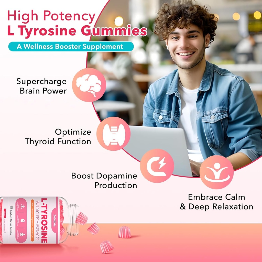 L Tyrosine Gummies, L-Tyrosine Supplement Gummies, L-Theanine Gummies with Vitamin B6 D3, Focus Gummies Support Brain, Memory, Energy, Mood for Adult & Kids, Strawberry Flavor, 60 Count 3