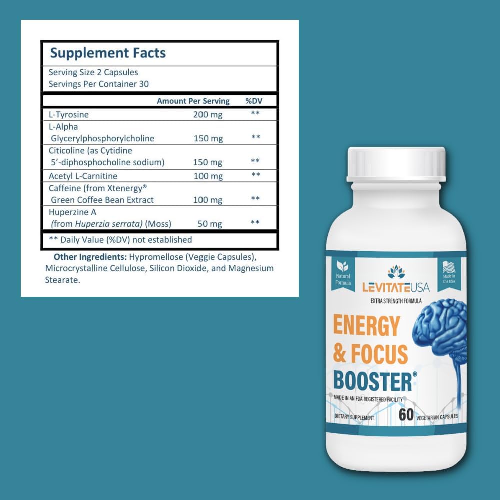 Levitate Energy & Focus Booster – Powerful Brain Performance Supplement - Improves Learning, Concentration, Memory - Organic Capsules - Energy Support Formula for Men & Women - 60 Count 3