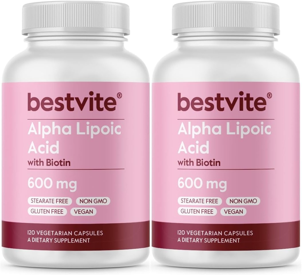 Alpha Lipoic Acid 600mg (per Capsule) with Biotin to Enhance Absorption (240 Vegetarian Capsules) (2 x 120) No Fillers - No Stearates - No Flow Agents