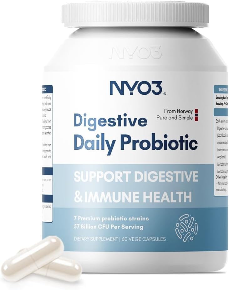 NYO3 Digestive Probiotics 57 Bilion CFU 7 Strains,60 Capsules,Bloat Relief, Supports Digestion & Immune Health