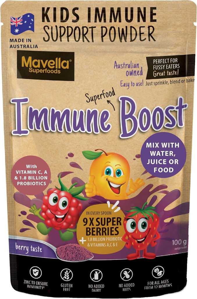Kids Immune Support Powder - Immune Boost with Vitamin C A + E, Magnesium & Probiotics for with 9 Superberries - Berry Taste Immunity Gummies Alternative 3.52oz (100g)