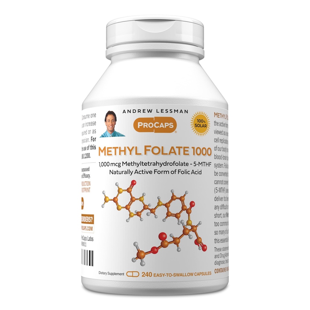 ANDREW LESSMAN Methyl Folate 1000mg - 240 Capsules - 1000 mcg L-Methyl Folate, Potent Levels of Essential Vitamin B9. Supports Healthy Heart, Brain, Immune and Pregnancy. Easy to Swallow Capsules