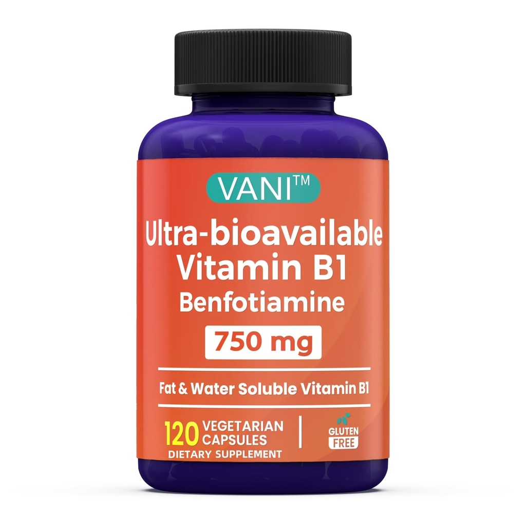 VANI Vitamin B1 with 750mg Benfotiamine, 2 in 1 Enhanced Formula -Fat & Water Soluble Thiamine B1 Supplement | 120 Capsules | Gluten Free