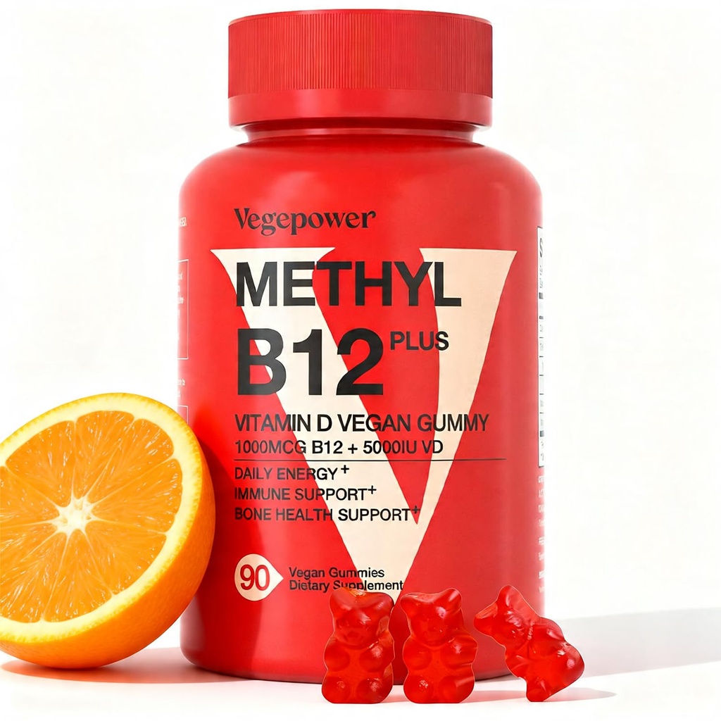 Vegan Vitamin D3 & B12 Gummies, Methyl B12 Supplement for Adults & Kids, Enhanced with Vitamin D 3 for Natural Energy, Immune, Metabolism & Focus, Orange, 90 Gummies