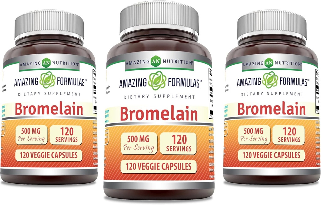 Amazing Formulas Bromelain Supplement | 500 Mg | 2400 GDU | 120 Veggie Capsules | Non-GMO | Gluten Free | Made in USA (3 Pack)