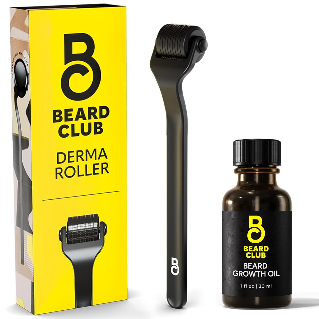 The Beard Club Derma Roller & Beard Growth Oil - Microneedling Roller with 540 Titanium Microneedles for Face, Body & Scalp - Beard Roller with Sandalwood & Cedar Beard Oil
