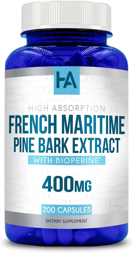 French Maritime Pine Bark Extract Capsules | French Pine Bark Extract Supplement with BioPerine for Enhanced Absoprtion Standardized to 95% Proanthocyanidins | Vegan Non-GMO Soy Free (200 Capsules)