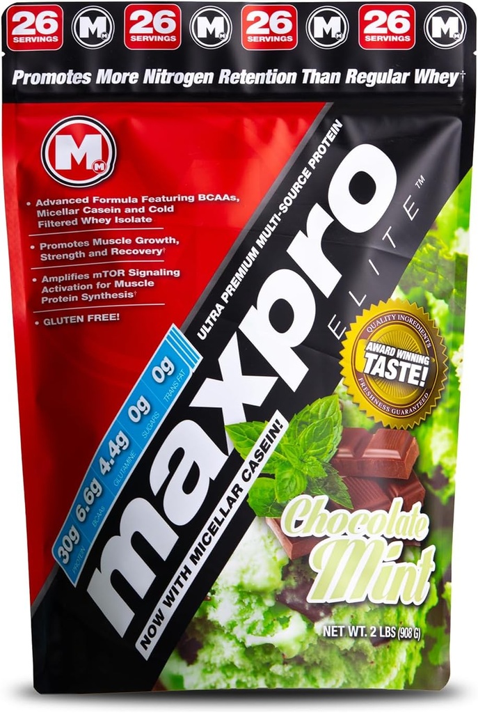 Max Muscle Maxpro Elite | 30g Protein | 6.6g BCAAs | Micellar Casein Cold Filtered Whey Isolate Protein Concentrate | Promotes Muscle Growth, Strength and Recovery (Chocolate Mint, 2lb)