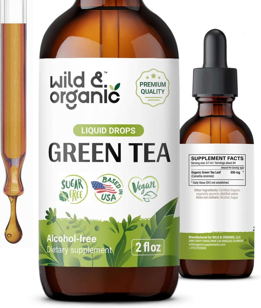 Wild & Organic Green Tea Extract Liquid Drops - Antioxidant Supplement - Natural Green Tea Supplements w/Camelia Sinensis - Vegan, Sugar & Alcohol-Free Tincture - 2 fl oz