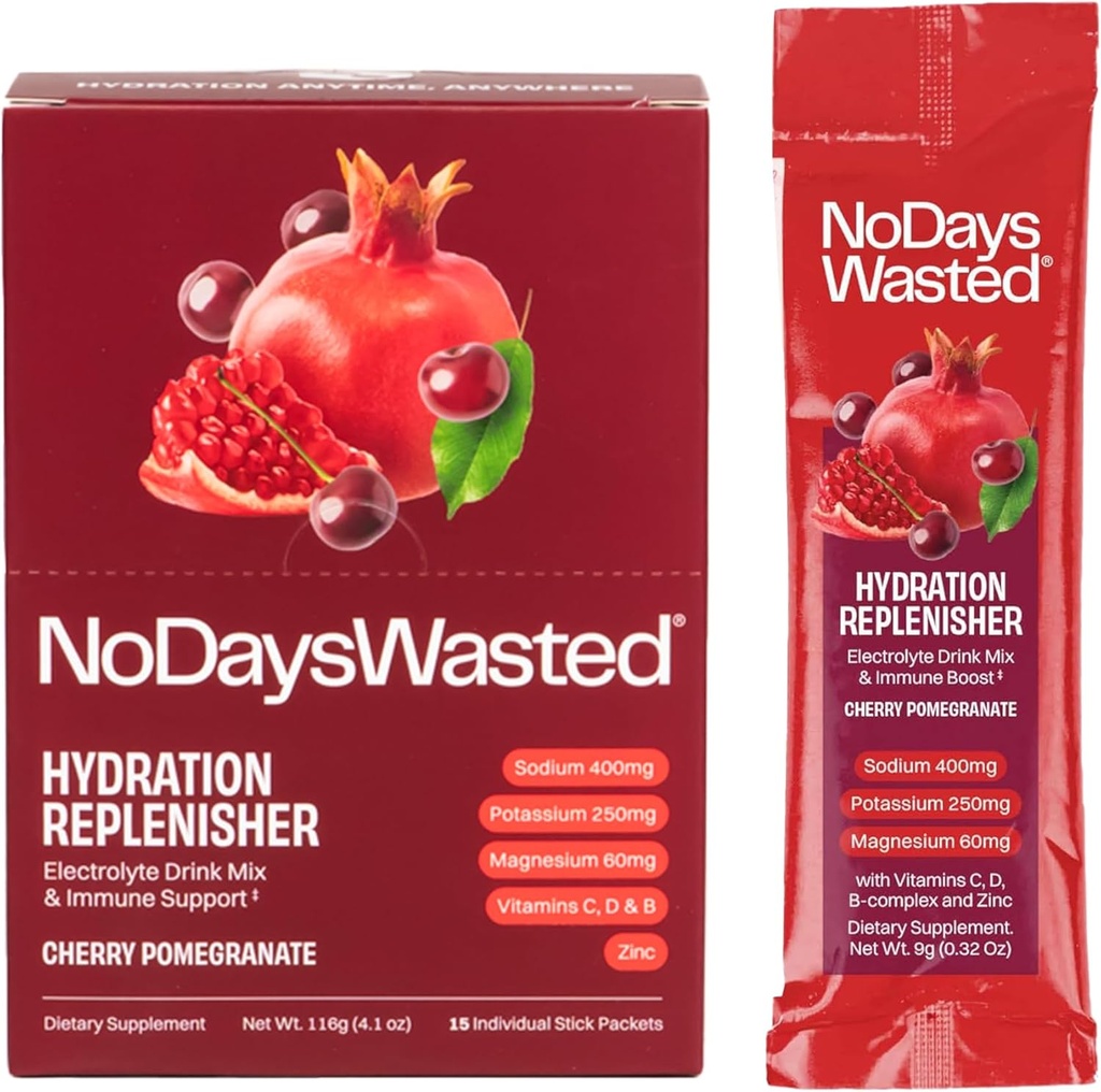 Hydration Replenisher Electrolyte Replacement Stick Packets | Essential Rapid Hydration & Vitamins | Sodium, Potassium, Magnesium, Vitamins B, C, D, Zinc | Cherry Pomegranate | V2 Reformulated