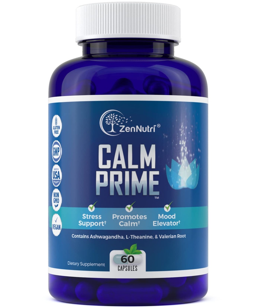 Calm Prime Stress Relief Supplement Non-Drowsy | Mood Support Supplement | Mood Boost | Vegan Daytime Stress Supplements Calm Aid | Stress Vitamins - Ashwagandha, Valerian Root - 60 Count